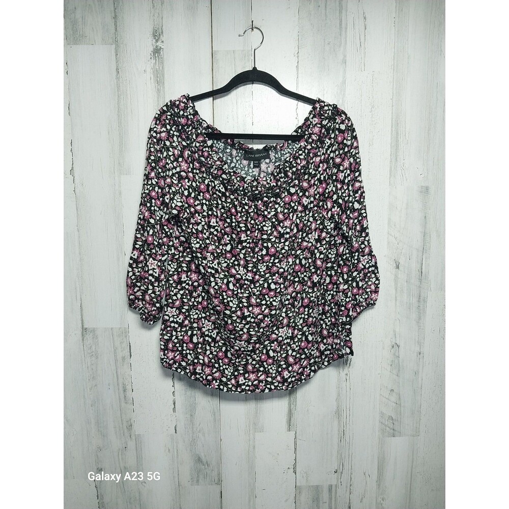 Lane Bryant Shirt Women's 14/16 Black & Pink Floral Long Sleeve Off The Shoulder